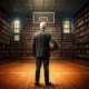 Firefly old school basketball and court inside with one old white man in suit with library on the si